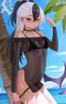  1girl absurdres alternate_costume bikini bikini_bottom_pull bikini_under_clothes black_bikini black_dress black_horns black_nails blue_archive blue_sky breasts clothes_pull covered_navel demon_wings dress earclip grey_halo halo highres horns kayoko_(blue_archive) kayoko_(tsutaya)_(blue_archive) long_hair looking_at_viewer lowleg lowleg_bikini mole mole_on_neck multicolored_hair navel off-shoulder_dress off_shoulder outdoors palm_tree puppnett see-through_clothes see-through_dress shirt single_wing sky solo strapless strapless_shirt swimsuit tree white_hair wings 