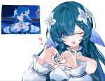  1girl aqua_hair artistic_error bad_anatomy bad_hands bad_id bad_twitter_id bare_shoulders blue_eyes collar derivative_work detached_collar detached_sleeves extra_digits eyes_visible_through_hair fins flower genshin_impact hair_flower hair_ornament hair_over_one_eye head_fins heart heart_hands highres long_hair looking_at_viewer one_eye_closed open_mouth reference_inset screenshot_redraw sidelocks simple_background smile solo upper_body vodyanitsa_(genshin_impact) watari_0208 white_background white_collar white_flower white_sleeves 