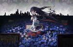  1girl absurdres akemi_homura akemi_homura_(magical_girl) arm_shield black_hair black_hairband blue_flower commentary_request flower hairband highres long_hair looking_at_viewer lotte_(madoka_magica) madoka_runes magical_girl mahou_shoujo_madoka_magica mahou_shoujo_madoka_magica:_hangyaku_no_monogatari open_mouth puritan_collar purple_skirt sabame50 skirt solo soul_gem_(madoka_magica) spider_lily 