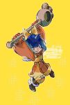 1girl blue_hair bodysuit bow commentary eiko_carol final_fantasy final_fantasy_ix flat_chest full_body green_eyes hair_bow holding holding_staff horns mckrs mini_wings open_mouth overalls pink_bodysuit short_hair single_horn smile solo staff twitter_username untranslatable_commentary wings yellow_background yellow_bow yellow_overalls 