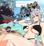  3girls absurdres alexandrina_sebastiane alice_thymefield alternate_costume andii_(anzai_teachco) asaba_harumasa battleship beach bikini black_bikini blue_sky blush breasts burnice_white chibi cissia_(zenless_zone_zero) cloud commentary_request crossed_legs ellen_joe fan_request grey_hair highres komano_manato large_breasts looking_at_viewer lucia_elowen mecha military_vehicle multiple_girls o-ring o-ring_bikini ocean open_mouth pyrois_(zenless_zone_zero) red_eyes remielle_dan remielle_dan_(seashade_pas_seul) robot seed_sr. seth_lowell severian_lowell ship sky swimsuit tail thunder ukinami_yuzuha warship watercraft yidhari_murphy zenless_zone_zero 