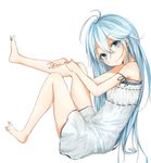  barefoot blue_eyes blue_hair denpa_onna_to_seishun_otoko dress eyebrows eyebrows_visible_through_hair full_body hair_between_eyes la-na long_hair looking_at_viewer off_shoulder simple_background smile solo sundress touwa_erio white_background white_dress 