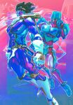  2others armor black_hair bodysuit brown_hair commentary_request crazy_diamond diamond_wa_kudakenai full_body gloves headband highres jojo_no_kimyou_na_bouken jojo_pose knee_pads multiple_others muscular_other other_focus stand_(jojo) star_platinum uu0000322 