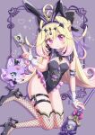  1girl animal_ear_hairband animal_ears antenna_hair black_leotard blush bow bowtie breasts brooch card closed_mouth commentary cure_arcana_shadow detached_collar diamond_hairband fake_animal_ears fishnet_pantyhose fishnets frilled_cuffs hair_intakes hairband hamkuti heart heart_brooch high_heels highleg highleg_leotard highres holding holding_card holding_staff jewelry leotard long_hair looking_at_viewer mashu-tan meitantei_precure! moria_luluka one_eye_closed open_mouth pantyhose playboy_bunny precure purple_eyes rabbit_ear_hairband rabbit_ears rabbit_tail ribbon smile staff strapless strapless_leotard tail tarot tarot_card tear_arcana_rod very_long_hair 