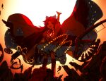  1girl :d arm_cannon arm_up atom bird_wings bow cape commentary_request full_body hair_bow kaigen_1025 long_hair looking_at_viewer open_mouth reiuji_utsuho short_sleeves skirt smile solo standing starry_sky_print subterranean_animism thighhighs third_eye touhou weapon wings 
