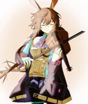  1girl amiya_(arknights) animal_ear_fluff animal_ears arknights ascot black_jacket black_pantyhose black_skirt blue_collar bow_(music) brown_background brown_hair center_frills chinese_commentary closed_eyes closed_mouth clothes_writing collar commentary_request cowboy_shot dusk_ming facing_viewer frills hair_between_eyes highres holding holding_bow_(music) holding_instrument holding_violin instrument jacket jewelry long_hair long_sleeves material_growth miniskirt multiple_rings open_clothes open_jacket oripathy_lesion_(arknights) pantyhose playing_instrument playing_violin pleated_skirt purple_ascot ring skirt sleeveless sleeveless_sweater solo standing sweater thighlet violin white_sweater 