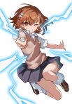  1girl ;) absurdres aiming aiming_at_viewer amamiyayk asymmetrical_bangs blush brown_eyes brown_hair brown_sweater_vest chinese_commentary coin collared_shirt commentary_request crossed_bangs dress_shirt electricity electrokinesis emblem flower_hairclip foreshortening full_body grey_skirt hair_between_eyes highres holding holding_coin jumping loafers looking_at_viewer medium_hair miniskirt misaka_mikoto one_eye_closed pleated_skirt railgun_(misaka_mikoto) reaching reaching_towards_viewer school_emblem school_uniform shirt shoes short_shorts short_sleeves shorts shorts_under_skirt simple_background skirt smile socks solo summer_uniform sweater_vest toaru_kagaku_no_railgun toaru_majutsu_no_index tokiwadai_school_uniform v-neck white_background white_shirt white_socks yellow_shorts 