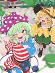  3girls :d ;d ^_^ alternate_breast_size_(larger) alternate_costume american_flag american_flag_dress american_flag_print black_boots black_hat blonde_hair blurry blush boots bow breasts buttons closed_eyes clownpiece clownpiece_(cosplay) collared_shirt commentary_request commission cosplay costume_switch depth_of_field diamond_button disembodied_linked_eye dress eyeball facing_viewer fairy fairy_wings falling_leaves flag_print frilled_shirt_collar frilled_skirt frilled_sleeves frills green_eyes green_hair green_skirt hakurei_reimu hat hat_bow highres huge_breasts jester_cap komeiji_koishi komeiji_koishi_(cosplay) leaf long_hair long_sleeves multiple_girls neck_ruff one_eye_closed outdoors oversized_clothes pantyhose pixiv_commission polka_dot_headwear polyhedron2 purple_hat red_skirt sharp_teeth shirt short_sleeves skirt sleeves_past_fingers sleeves_past_wrists small_breasts smile star_(symbol) star_print striped_clothes striped_dress striped_pantyhose teeth touhou v very_long_hair wide_sleeves wings yellow_bow yellow_shirt 