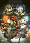  5girls absurdres armor bangboo_(zenless_zone_zero) barefoot belt blonde_hair blue_hair boots commentary_request confetti fetal_position fingerless_gloves from_below gloves goggles goggles_on_head grey_hair hair_ornament harness highres isolde_(zenless_zone_zero) jacket looking_up magus_(zenless_zone_zero) multiple_girls orphie_magnusson ponytail pouch receipt red_hair seed_(zenless_zone_zero) shopping_cart shorts shoulder_armor sleeveless soldier_11_(zenless_zone_zero) supermarket tactical_clothes trigger_(zenless_zone_zero) utility_belt vvo_uvv zenless_zone_zero 