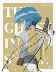  1girl 9692_kurogane absurdres blue_hair bodysuit border bulletproof_vest commentary copyright_name cyberpunk cyborg english_commentary from_behind ghost_in_the_shell gun handgun highres holding holding_gun holding_weapon kusanagi_motoko looking_back outside_border red_eyes science_fiction short_hair solo the_ghost_in_the_shell_(2026) weapon white_border yellow_background yellow_bodysuit 