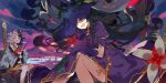  2girls animal_ears animal_print black_hair chinese_clothes cow_ears cow_girl cow_horns cow_print cow_tail crying crying_with_eyes_open dress flower flower_on_head food_print fruit_print game_asset gloves grape_print grey_hair haori highres holding holding_flower horns japanese_clothes karei lobelia_(flower) long_hair looking_at_viewer multicolored_hair multiple_girls official_art open_mouth outdoors pinwheel puffy_short_sleeves puffy_sleeves purple_dress purple_flower purple_gloves qipao red_flower red_horns red_tail short_sleeves shorts smile solo_focus sotoba spider_lily split-color_hair statue tail tank_top tears third-party_source touhou touhou_lostword two-tone_hair ushizaki_urumi very_long_hair vine_print yellow_shorts yellow_tank_top yomotsu_hisami 
