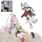  2girls adoptive_parent_and_adoptive_child ahoge aino_(genshin_impact) android asymmetrical_legwear bandaid bandaid_on_leg bangs_pinned_back blue_cape blue_hair bound braid braided_hair_rings breasts cape closed_mouth coat commentary couch dress duct_tape eating english_commentary figure_four_sitting forehead genshin_impact green_dress green_slippers hair_rings halter_dress halterneck hand_on_own_knee highres huge_ahoge indoors ineffa_(genshin_impact) joints juffles kid_taped_to_wall_(meme) lakkaberry_krumkake_(genshin_impact) large_forehead long_hair long_sleeves mechanical_arms mechanical_legs meme mismatched_legwear mismatched_socks multiple_girls on_couch parent_and_child pink_hair pink_socks reference_inset robot_ears robot_girl robot_joints role_reversal screw screw_hair_ornament sitting sleeves_past_fingers sleeves_past_wrists slippers socks tape tied_up_(nonsexual) two-sided_cape two-sided_fabric white_coat yellow_slippers 