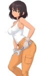  1girl absurdres black_hair blush breasts cleavage closed_mouth girls_und_panzer gloves green_eyes highres holding holding_wrench hoshino_(girls_und_panzer) ivan_(2213432) jumpsuit large_breasts looking_at_viewer orange_jumpsuit short_hair simple_background smile solo tank_top white_background white_gloves white_tank_top wrench 
