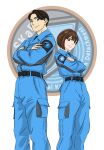  1boy 1girl 311dhike aobe_emi back-to-back belt belt_buckle black_belt black_eyes black_hair blue_jumpsuit bob_cut brown_hair buckle closed_mouth collared_jumpsuit commentary crossed_arms curtained_hair cut_bangs emblem feet_out_of_frame grey_trim highres hiruma_gento jumpsuit long_sleeves looking_at_viewer multicolored_jumpsuit name_tag parted_bangs pocket short_hair simple_background smile split_mouth standing thick_eyebrows tokusatsu two-tone_jumpsuit ultra_series ultraman_blazar_(series) white_background 