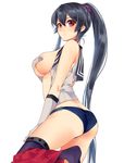  ass asymmetrical_legwear black_hair blue_panties breasts commentary_request covering covering_breasts from_side gloves hair_between_eyes ichinomiya_(blantte) kantai_collection large_breasts long_hair looking_at_viewer open_clothes open_shirt panties partially_undressed ponytail red_eyes shiny shiny_hair shirt simple_background solo underwear white_background white_gloves yahagi_(kantai_collection) 