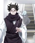  2boys black_eyes black_hair blue_hair choso_(jujutsu_kaisen) commentary cursed_spirit_(jujutsu_kaisen) highres japanese_clothes jujutsu_kaisen long_sleeves mahito_(jujutsu_kaisen) multiple_boys poeeeeda short_sleeves smile untranslatable_commentary 