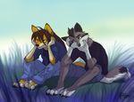  4_toes 5_fingers anthro barefoot black_hair black_nose brown_hair canine clothed clothing day dog duo female fur green_eyes grey_fur hair koul male mammal outside sitting smile toes wolf yellow_fur 