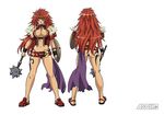  1girl abs armlet armor ass beltskirt bikini_armor bracelet breasts center_opening cleavage curvy eiwa fur_trim headband highleg highleg_panties highres jewelry legs long_hair long_legs mace midriff muscle navel panties purple_eyes queen&#039;s_blade red_eyes red_hair risty shield solo tan tattoo thick_thighs thighs toned underwear very_long_hair weapon 