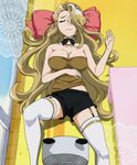  1girl blonde_hair blush bow breasts cleavage electric_fan eyes_closed hair_bow hair_ornament kondou_isami_(sengoku_collection) large_breasts lying sengoku_collection sleeping solo thighhighs 
