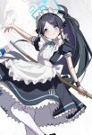  1girl absurdres amamiyayk apron aris_(blue_archive) aris_(maid)_(blue_archive) black_dress black_shoes blue_archive blue_eyes blue_ribbon blush broom chinese_commentary commentary_request contrast_collar dress flat_chest foot_out_of_frame frilled_apron frilled_dress frills halo highres kei_(orange_robot)_(blue_archive) long_hair maid maid_apron maid_headdress neck_ribbon official_alternate_costume pantyhose parted_bangs puffy_short_sleeves puffy_sleeves ribbon shoes short_sleeves side_ponytail sidelocks smile solo standing standing_on_one_leg very_long_hair white_apron white_background white_pantyhose zoom_layer 