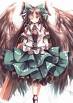  ankle_socks backlighting black_footwear black_hair black_wings bow commentary_request control_rod feathered_wings feathers frilled_bow frilled_shirt frilled_shirt_collar frilled_skirt frilled_sleeves frills frown green_bow green_skirt hair_bow highres kanzakietc long_hair looking_at_viewer one_eye_closed puffy_short_sleeves puffy_sleeves red_bow red_eyes reiuji_utsuho shirt shoes short_sleeves skirt solo third_eye touhou very_long_hair white_background white_legwear white_shirt wings 