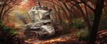  autumn autumn_leaves brown_hair bt-42 caterpillar_tracks emblem forest ginho girls_und_panzer ground_vehicle hat highres keizoku_(emblem) keizoku_military_uniform long_hair mika_(girls_und_panzer) mikko_(girls_und_panzer) military military_uniform military_vehicle motor_vehicle multiple_girls nature outdoors red_hair short_hair smoke tank tank_focus tree uniform 