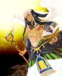  abs book dark_skin dark_skinned_male feathered_wings hair_ornament highres jewelry kamigami_no_asobi male_focus mtk-rikw navel necklace orange_eyes shirtless solo staff tattoo thoth_caduceus tiara veil white_hair wings 