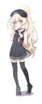  1girl :o adapted_costume alternate_costume armpit_crease bare_arms beret black_dress black_hat black_sailor_collar black_shoes black_thighhighs blonde_hair blue_archive buttons commentary cosplay crossed_arms double-breasted dress fluffy_hair grey_hair halo hat heel_up highres long_hair long_sidelocks looking_at_viewer odyssey_maritime_school_uniform_(blue_archive) open_mouth ponytail professor_niyaniya_(blue_archive) sailor_collar sailor_shirt shirt shoes sidelocks simple_background sleeveless sleeveless_dress solo thighhighs white_background yellow_halo zettai_ryouiki zundamochi_(sera) 