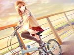  absurdres bicycle black_legwear bottle brown_hair dutch_angle folding_bicycle ground_vehicle highres long_hair original outdoors pleated_skirt red_skirt skirt solo thighhighs water_bottle xiaoyin_li zettai_ryouiki 