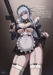  1girl absurdres apron assault_rifle bikini black_bikini black_dress breasts caiman_pool dress enmaided facial_mark french_text frilled_apron frilled_bikini frills from_below garter_straps girls'_frontline girls'_frontline_2:_exilium green_eyes gun h&amp;k_hk416 hair_ornament highres hk416_(girls'_frontline) holding holding_weapon juliet_sleeves klukai_(girls'_frontline_2) klukai_(immaculate_service)_(girls'_frontline_2) long_hair long_sleeves looking_down maid maid_apron maid_bikini maid_headdress panties puffy_sleeves rifle solo swimsuit tattoo teardrop_facial_mark teardrop_tattoo translated unconventional_maid underboob underwear upskirt waist_apron weapon white_apron white_garter_straps white_panties 
