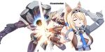  1girl adjusting_hair animal_ears blonde_hair blue_necktie breasts closed_eyes commentary ethereal_(zenless_zone_zero) hair_over_one_eye hairband hand_on_own_head highres hitting horse_ears horse_girl large_breasts long_hair meme metal_hairband naoya_hitting_choso_without_looking_(meme) necktie open_mouth ponytail rapid_punches scene_reference sigrid_de_l'azur simple_background single_bare_shoulder white_background zemiedan zenless_zone_zero 