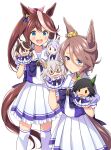  2girls absurdres animal_ears bandaid bandaid_on_cheek bandaid_on_face biwa_hayahide_(umamusume) black_hair blue_eyes blush bnw_(umamusume) bow bowtie breasts brown_hair character_puppet closed_mouth commentary cowboy_shot ear_ornament glasses grey_hair hair_between_eyes hair_ornament hairclip hand_puppet highres horse_ears horse_girl horse_tail long_hair looking_at_viewer mejiro_mcqueen_(umamusume) multicolored_hair multiple_girls narita_taishin_(umamusume) odawara_hakone open_mouth pink_bow pleated_skirt ponytail puffy_short_sleeves puffy_sleeves puppet purple_bow purple_bowtie purple_shirt purple_skirt red-framed_eyewear sailor_collar sailor_shirt school_uniform semi-rimless_eyewear shirt short_hair short_sleeves simple_background skirt small_breasts streaked_hair summer_uniform sweatdrop symboli_rudolf_(umamusume) tail teeth thighhighs tokai_teio_(umamusume) tracen_school_uniform umamusume upper_teeth_only white_background white_sailor_collar white_shirt white_skirt white_streaks white_thighhighs winning_ticket_(umamusume) 