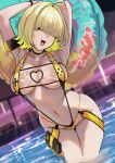  1girl absurdres ahoge armpits breasts clothing_cutout commentary_request elegg_(boom_and_shock)_(nikke) elegg_(nikke) game_controller_print goddess_of_victory:_nikke hair_intakes heart_cutout highres holding holding_swim_ring kv0vr large_breasts multicolored_hair navel official_alternate_costume pool purple_eyes short_hair slingshot_swimsuit solo stomach swim_ring swimsuit thighs two-tone_hair yellow_slingshot_swimsuit 