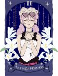  1girl angel_(killer_chat) blonde_hair card_(medium) closed_eyes commentary dress english_commentary eyewear_on_head facing_viewer flower frilled_shirt frills gradient_hair heart heart-shaped_eyewear jewelry just_a_chilly.pretzel killer_chat! lily_(flower) multicolored_hair necklace own_hands_clasped own_hands_together pink_hair pink_skirt shirt skirt smile solo tarot tarot_(medium) the_high_priestess_(tarot) tooth_necklace twintails white_shirt 