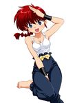  barefoot between_legs black_pants blue_eyes blush bracer braid breasts cleavage dutch_angle funnyari genderswap genderswap_(mtf) hand_between_legs long_hair looking_at_viewer medium_breasts open_mouth pants ranma-chan ranma_1/2 red_hair salute saotome_ranma shirt simple_background single_braid smile solo standing tank_top white_background white_shirt 