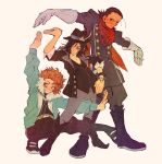  3boys absurdres arm_up bandana black_boots black_coat black_hair black_hat black_pants black_shirt blue_jacket blush boots bracelet bragi_(kingdom_hearts) braig brain_(kingdom_hearts) cape coat commentary elbow_gloves embarrassed english_commentary frown full_body fur-trimmed_jacket fur_trim glaring gloves grey_background grey_pants hair_slicked_back hat hat_feather height_difference highres in-franchise_crossover jacket jewelry kingdom_hearts kingdom_hearts_birth_by_sleep kingdom_hearts_dark_road kingdom_hearts_x knee_boots looking_to_the_side male_focus milks_39 multiple_boys multiple_persona open_clothes open_jacket orange_eyes orange_hair outstretched_arm outstretched_arms pants puffy_pants red_bandana red_cape shirt simple_background sleeve_cuffs smile squatting standing torn_clothes white_gloves 