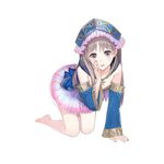  atelier_(series) atelier_meruru atelier_totori bare_shoulders barefoot blue_sleeves brown_eyes brown_hair flat_chest flower frills hair_ornament kishida_mel kneeling long_hair looking_at_viewer open_mouth pleated_skirt skirt smile solo totooria_helmold transparent_background whispering 