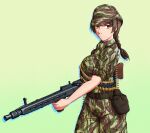  1girl :d braid breasts brown_eyes brown_hair camouflage camouflage_pants camouflage_shirt chromatic_aberration cold_war commentary edward_y_brad english_commentary gloves green_background gun hat highres holding holding_gun holding_weapon holster large_breasts long_hair looking_at_viewer machine_gun mg42 military military_combat_uniform military_fatigues military_uniform open_mouth original pants portugal pouch rifle shirt simple_background smile solo standing teeth twisted_torso weapon 