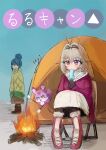  2girls absurdres antenna_hair blue_hair blush boots brooch campfire camping commentary crossover fairy_(precure) food hair_between_eyes hair_bun hair_intakes heart heart-shaped_blush_stickers heart_brooch highres holding holding_food holding_ice_cream ice_cream jewelry long_hair long_sleeves marshmallow mashu-tan meitantei_precure! miyoji moria_luluka multiple_girls open_mouth outdoors precure purple_eyes scarf shima_rin single_hair_bun sitting tent touyama_nao voice_actor_connection yurucamp 