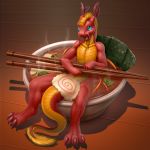  2014 3_toes 5_fingers anthro bik_(vader-san) blue_eyes chopsticks claws digital_media_(artwork) dragon eastern_dragon food happy hi_res high-angle_view looking_at_viewer male micro noodles nude on_food partially_submerged ramen red_body scalie smile solo soup steam toe_claws toes vader-san whiskers 