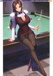  absurdres arm_support ball billiards black_legwear bow bowtie breasts brown_eyes brown_hair cleavage crotch_seam cue_ball cue_stick formal highres iruma_kamiri large_breasts long_hair looking_at_viewer miniskirt non-web_source original panties panties_under_pantyhose pantyhose pantyshot pantyshot_(sitting) pencil_skirt sitting skirt smile solo thighband_pantyhose underwear 