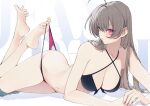  1girl ahoge azur_lane bikini black_bikini breasts brown_hair character_name cleavage collarbone commentary_request commission criss-cross_straps cross-laced_bikini cross-laced_clothes english_text hatski.sin highres jean_bart_(azur_lane) jean_bart_(private_apres_midi)_(azur_lane) long_hair looking_at_viewer lying medium_breasts navel official_alternate_costume open_mouth pink_eyes pink_nails skeb_commission solo swimsuit text_background 