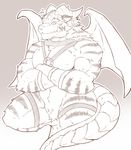  2016 anthro blush dragon fangs feline fur horn hybrid japanese male mammal muscular muscular_male scalie simple_background solo teeth tiger urakata5x wings 