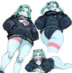  1girl ass black_jacket breasts colored_sclera commentary cyberpunk:_edgerunners cyberpunk:_edgerunners_1 cyberpunk_(series) english_commentary green_eyes green_hair highres jacket kitsch_jacket_(cyberpunk) looking_at_viewer looking_back lying on_stomach open_clothes open_jacket poses rakeemspoon rebecca_(cyberpunk) red_pupils red_sclera simple_background small_breasts smile solo solo_focus twintails white_background 