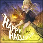  1girl bare_legs barefoot bat blonde_hair broom broom_riding dress female hair_ornament hair_ribbon halloween happy_halloween jack-o&#039;_lantern long_hair pumpkin red_eyes ribbon skirt smile solo ume_(illegal_bible) 