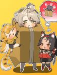  3girls absurdres ahoge animal_ear_fluff animal_ears barcode barcode_tattoo bell black_hair blonde_hair blush box cable cable_tail cardboard_box cat_ears cat_girl cat_tail chroong closed_eyes colored_inner_hair commentary_request corset facial_mark forehead_mark forehead_tattoo hair_between_eyes hairband highres in_box in_container jacket ju_fufu korean_commentary long_hair mechanical_tail multicolored_hair multiple_girls multiple_tails neck_bell nekomiya_mana open_mouth phoenix_reffaella red_corset red_eyes red_hairband simple_background speech_bubble striped_fur striped_hair tail tattoo thought_bubble tiger_ears tiger_girl tiger_stripes tiger_tail triangle triangle_facial_mark two_tails yellow_background yellow_eyes yellow_jacket zenless_zone_zero 