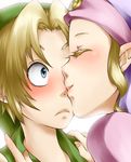  1girl blonde_hair blue_eyes blush closed_eyes couple hat hetero kiss link pointy_ears princess_zelda short_hair smile surprise_kiss surprised the_legend_of_zelda the_legend_of_zelda:_ocarina_of_time wasabi_(legemd) young_link young_zelda younger 
