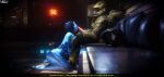  1boy 1girl absurdres armor assault_visor blue_lips bodypaint clothed_sex colored_skin commentary cortana curvy english_text fellatio grabbing_another's_penis green_helmet halo_(series) helmet hetero highres hologram laik3d licking licking_penis master_chief oral orange_assault_visor painted_clothes penis power_armor sex spartan_(halo) uncensored yellow_assault_visor 