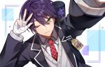 1boy artist_name bandaged_arm bandages black_jacket blazer closed_mouth collared_shirt commentary green_eyes grey_sweater hair_between_eyes highres jacket kenmochi_touya kenmochi_touya_(1st_costume) looking_at_viewer male_focus nijisanji omamori one_eye_closed purple_hair samon_(vxxr8575) school_uniform selfie shirt short_hair smile solo sweater virtual_youtuber w weapon_bag white_shirt 