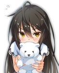  ahoge bear blush eyebrows eyebrows_visible_through_hair long_hair looking_at_viewer roke shakugan_no_shana shana solo stuffed_animal stuffed_toy teddy_bear white_background yellow_eyes 